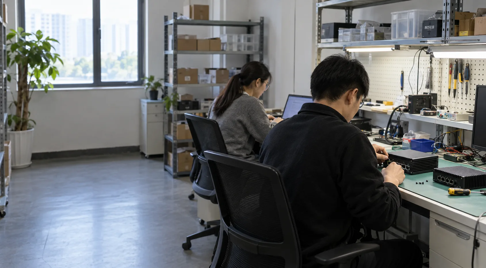 工程人员在工作台配置边缘计算设备